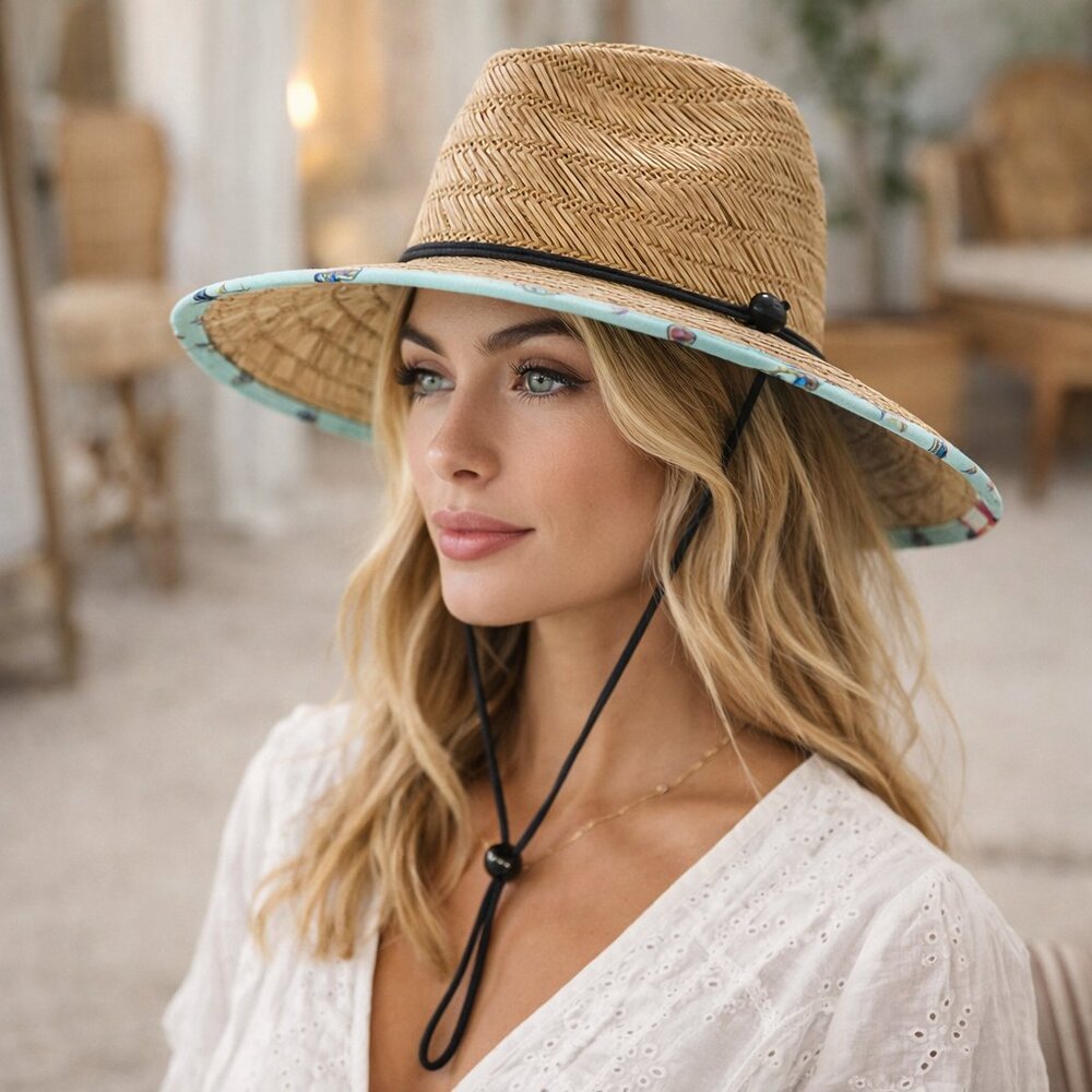 Kenny K Straw Sun Hat – Wide Brim – Chin Cord – Nautical Print Underbrim – XL